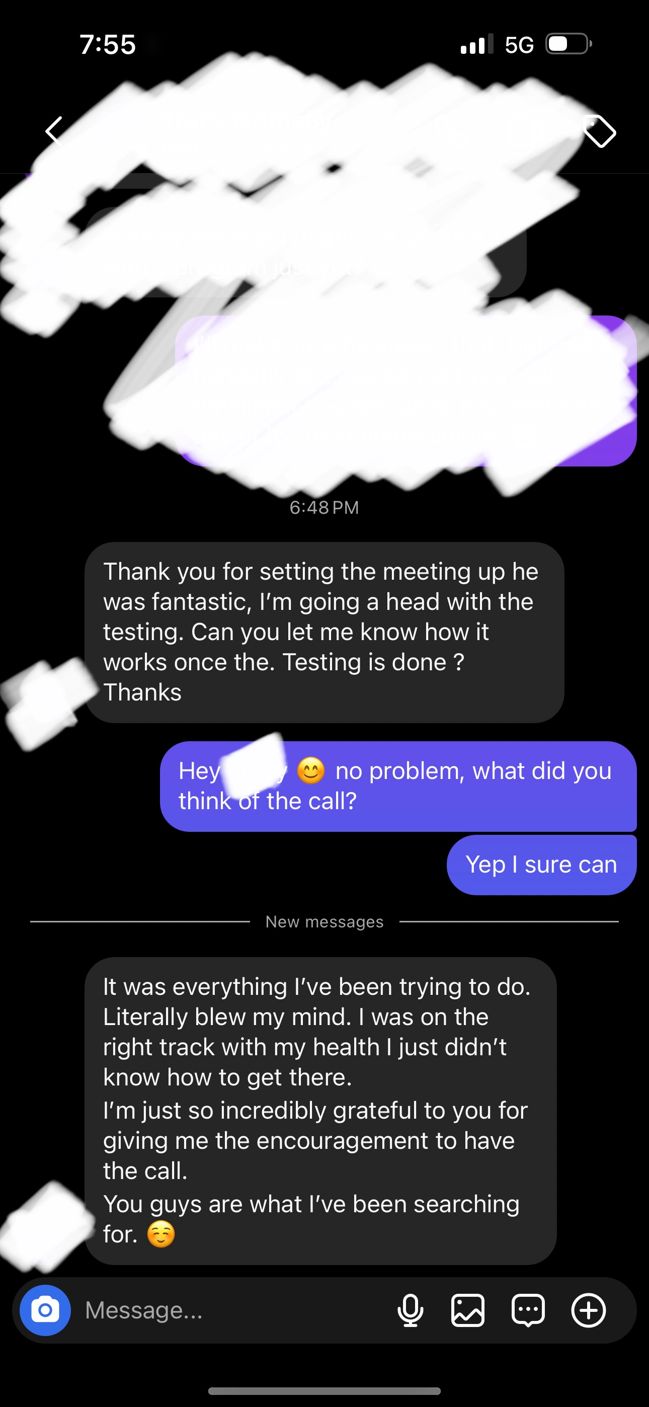 Client message after their free health consultation