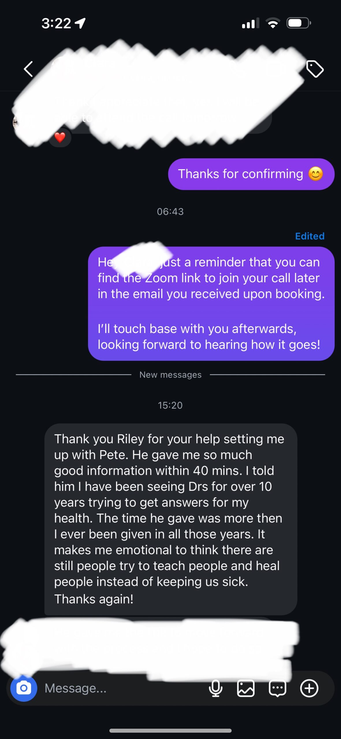 Client message after their free health consultation
