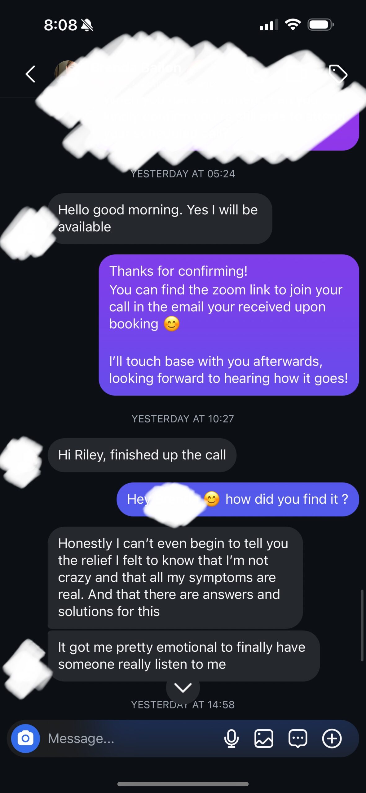 Client message after their free health consultation
