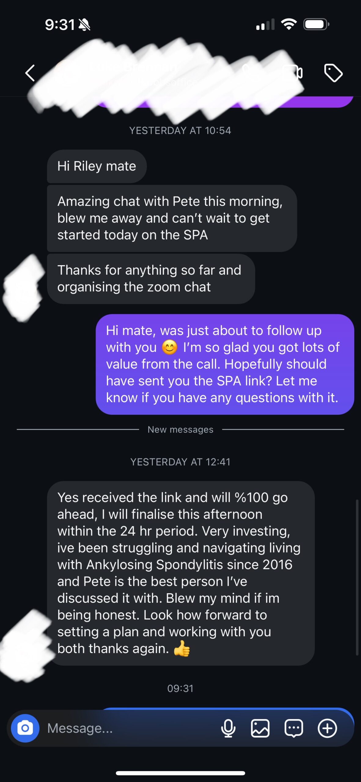 Client message after their free health consultation