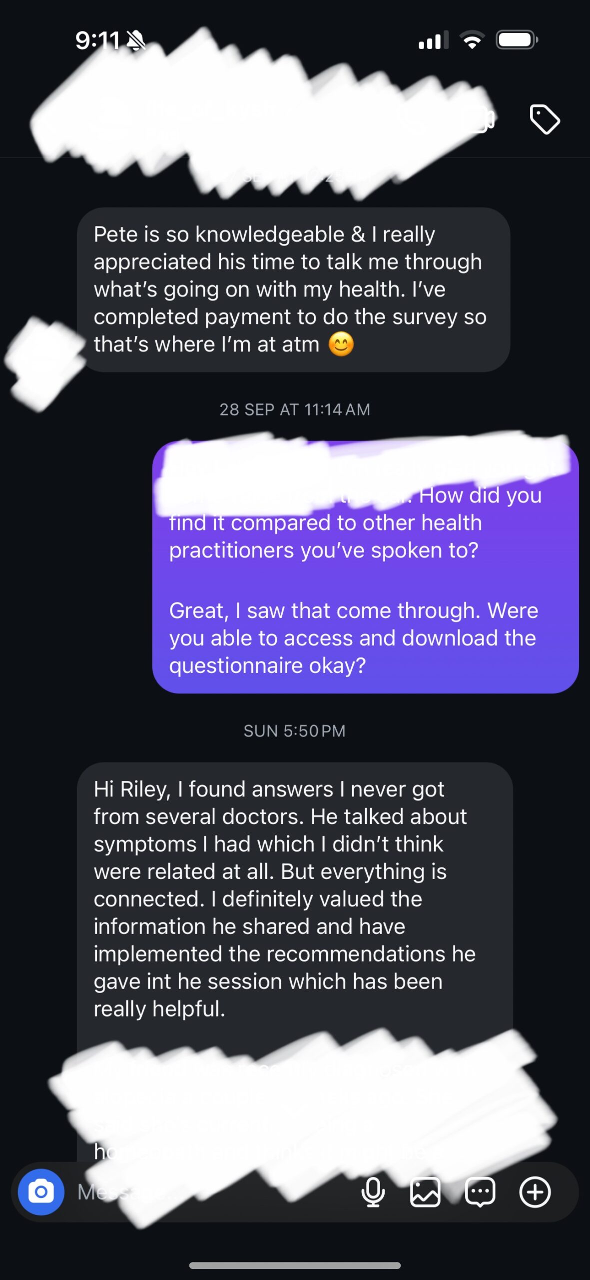 Client message after their free health consultation