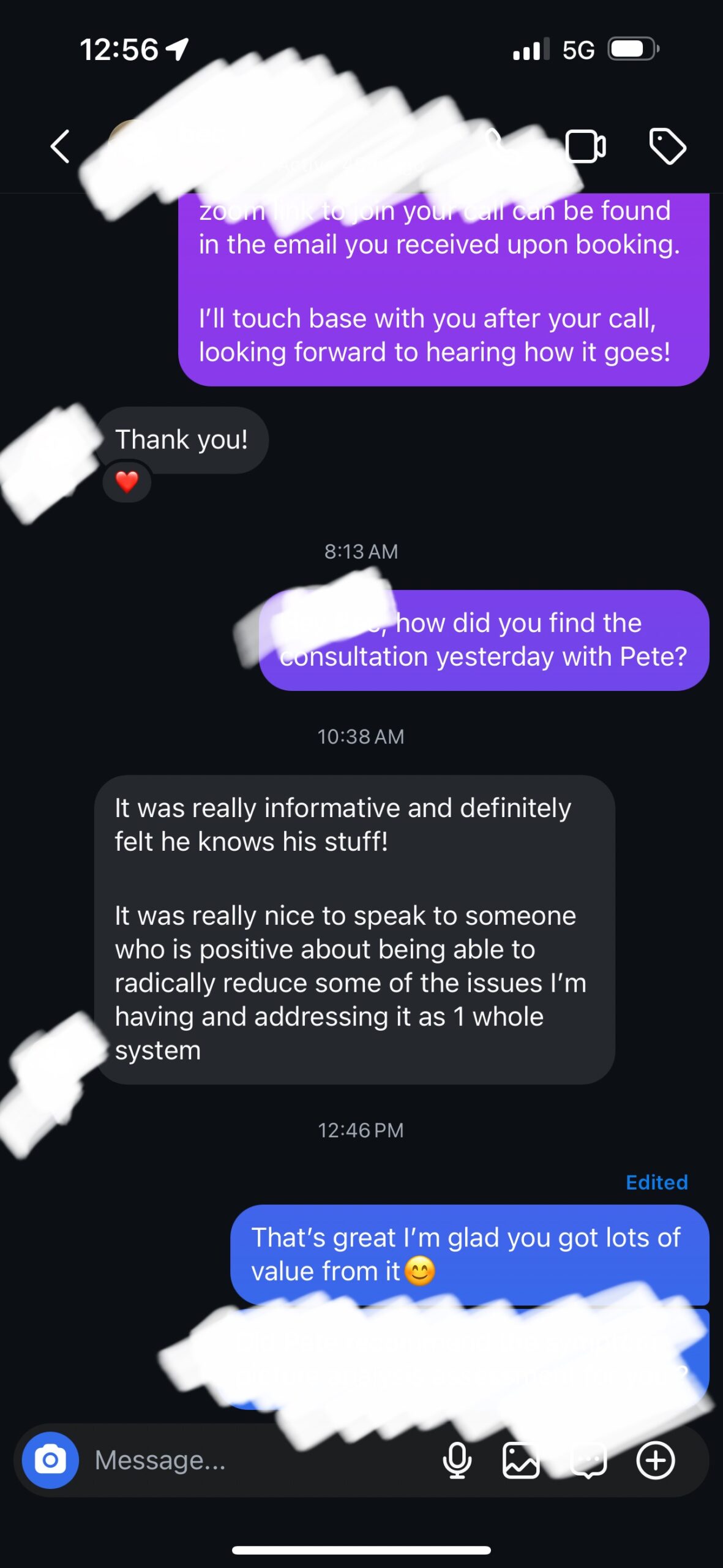 Client message after their free health consultation