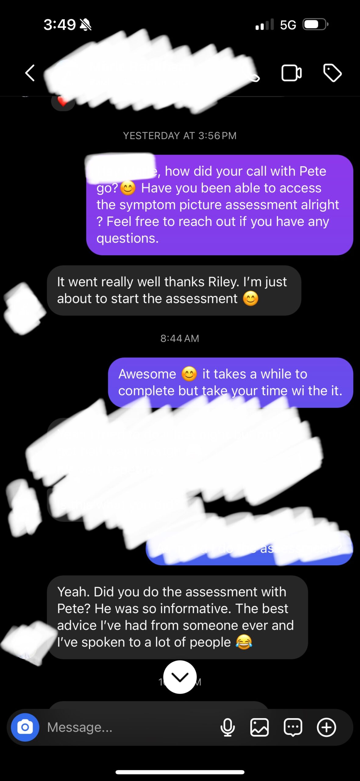 Client message after their free health consultation