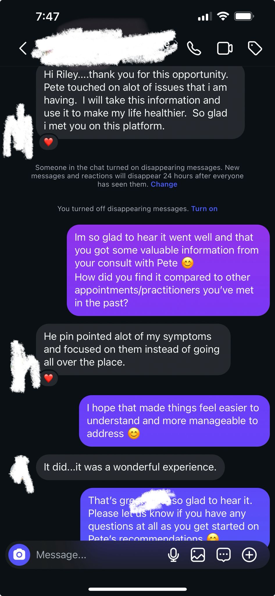 Client message after their free health consultation
