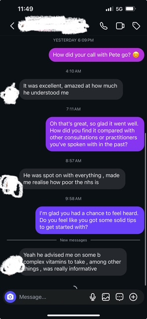 Client message after their free health consultation